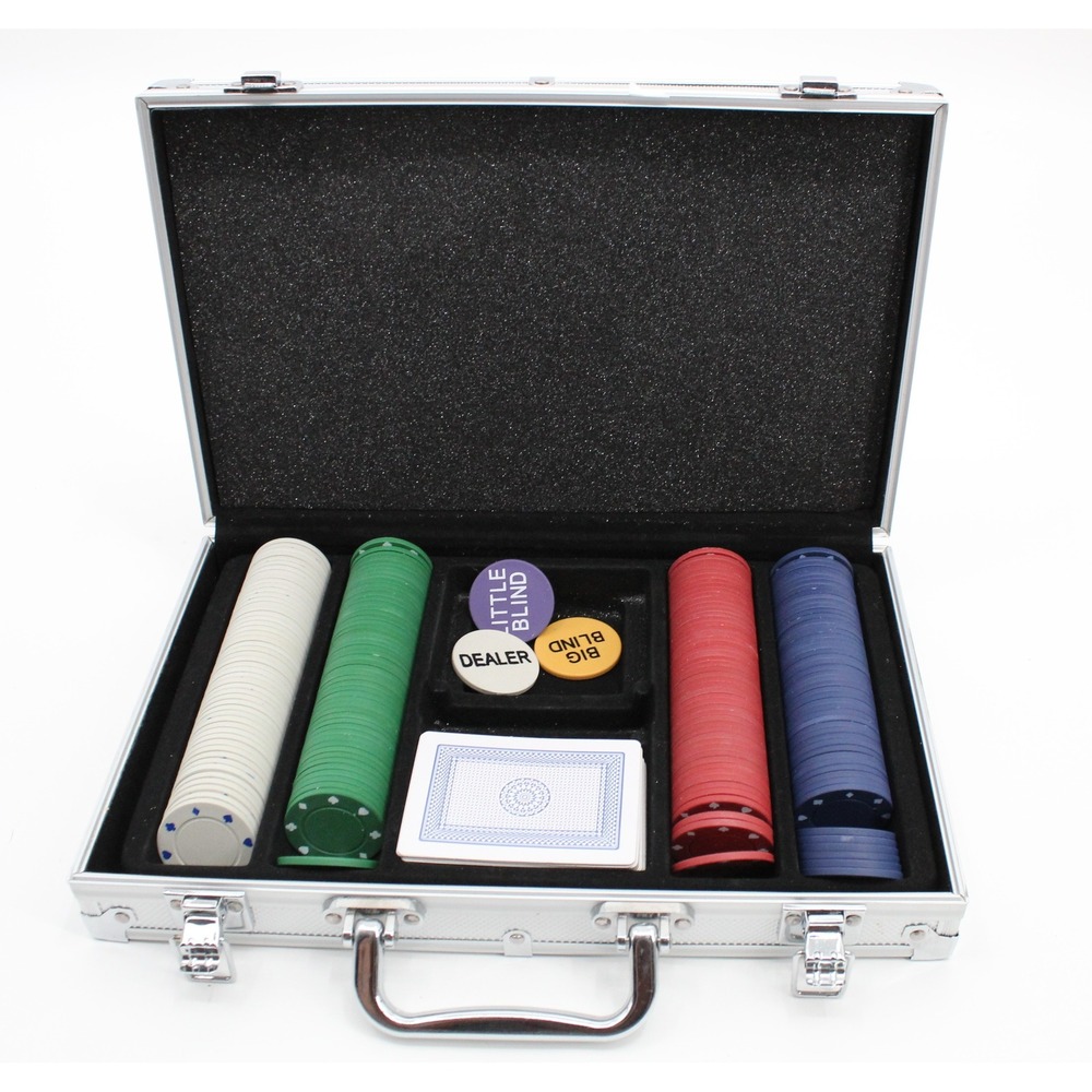 Poker Chip Set in Silver Aluminum Case w/ Cards Dealer Big Little Blind Buttons